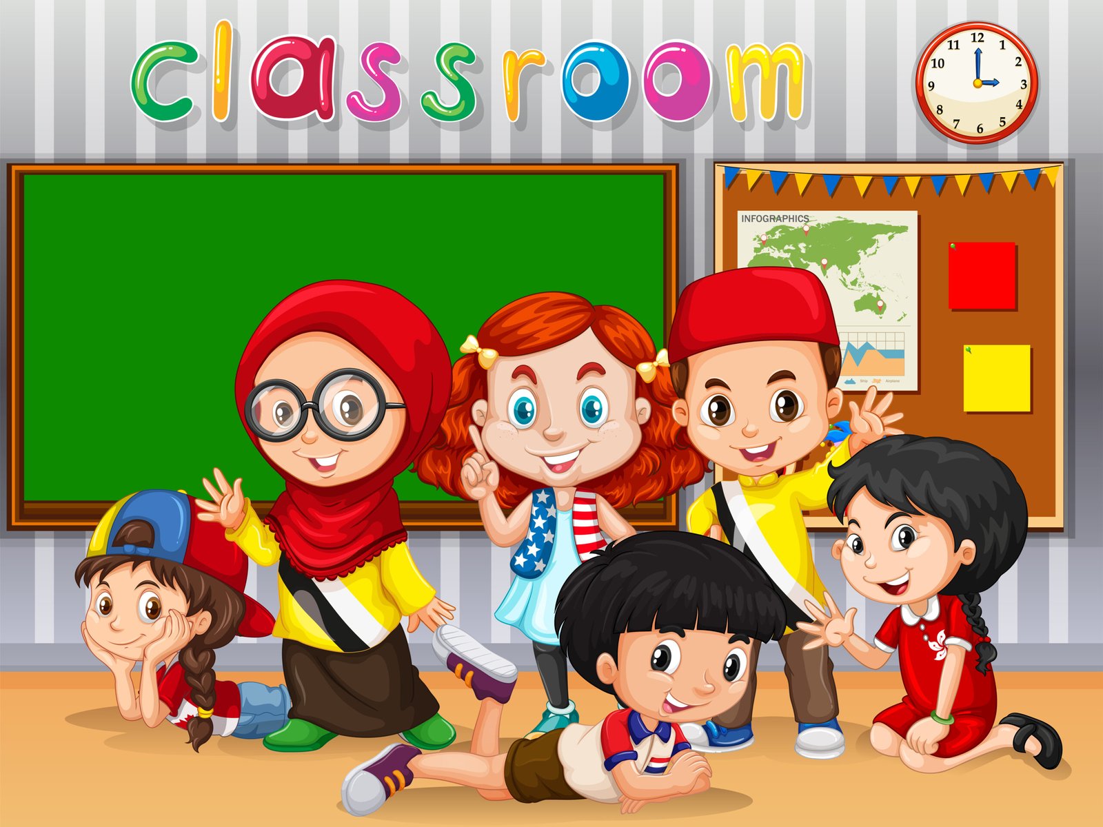 Many kids learning in classroom illustration
