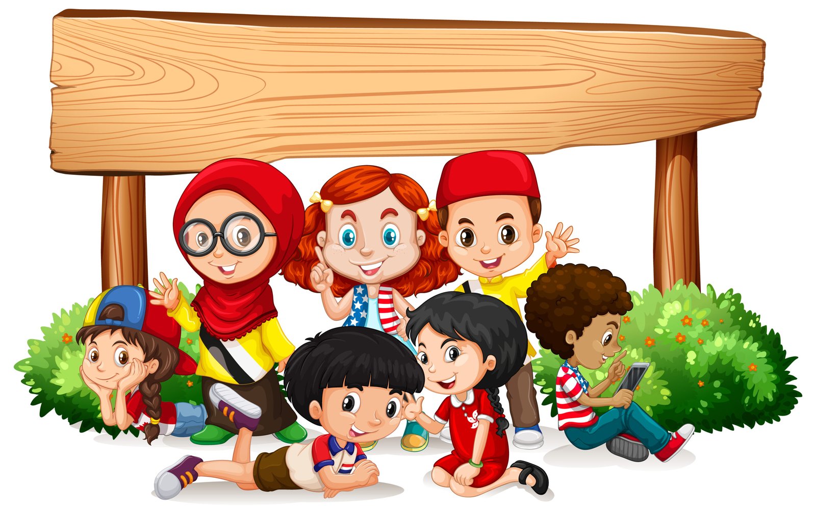 Banner template design with many kids and wooden sign illustration
